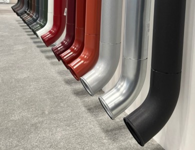 A variety of colorful gutters on display at an IRE exhibitor booth